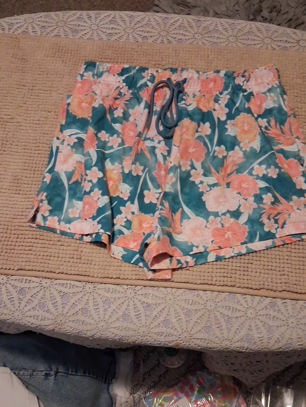 Floral Drawstring Athletic Shorts - Teal & Coral